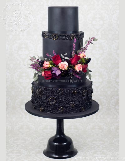 Black Bas Relief Wedding Cake with Fresh Flowers | | The Quintessential Cake | Chicago | Luxury Wedding Cakes | Chez