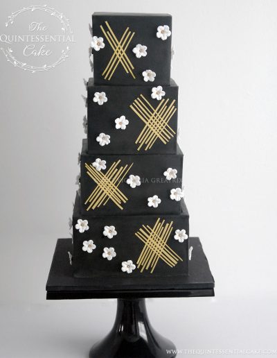 TQC Black Geometric with White Blossoms | The Quintessential Cake | Chicago | Luxury Wedding Cakes | Moreton Arboretum