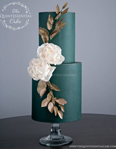 TQC Green Wedding Cake with Burnished Gold Accents and Wafer Paper Flowers | The Quintessential Cake | Chicago | Luxury Wedding Cakes